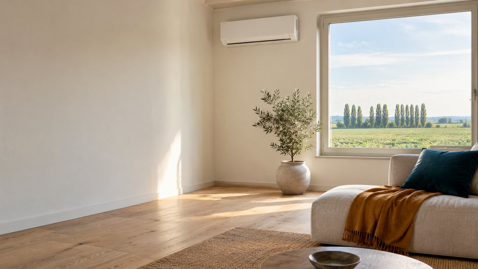 Soggiorno luminoso con climatizzatore a parete e finestra sulla campagna