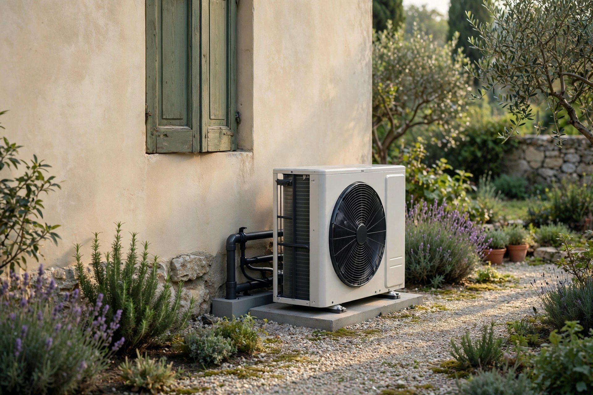 Pompa di calore installata in un giardino accanto alla casa